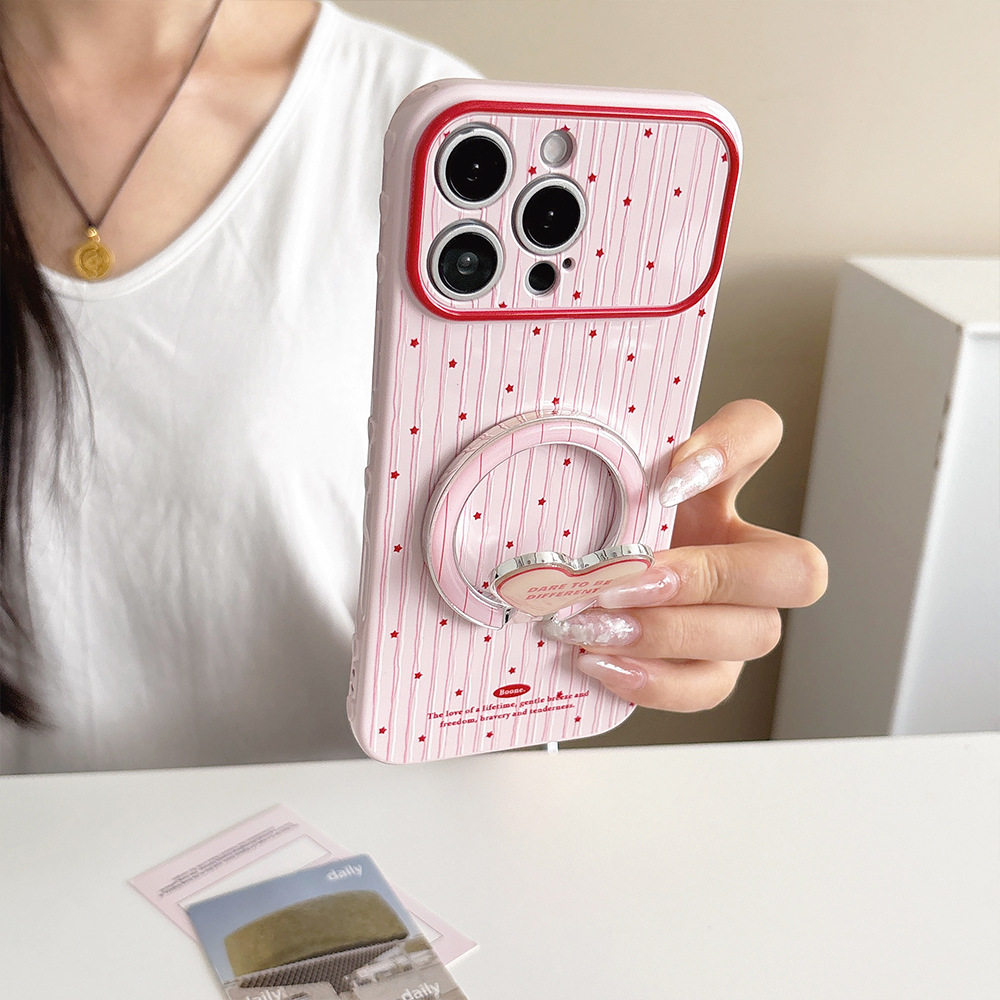 韩系ins风竖纹肌理满版小红星立体爱心支架适用iPhone17PRO手机壳