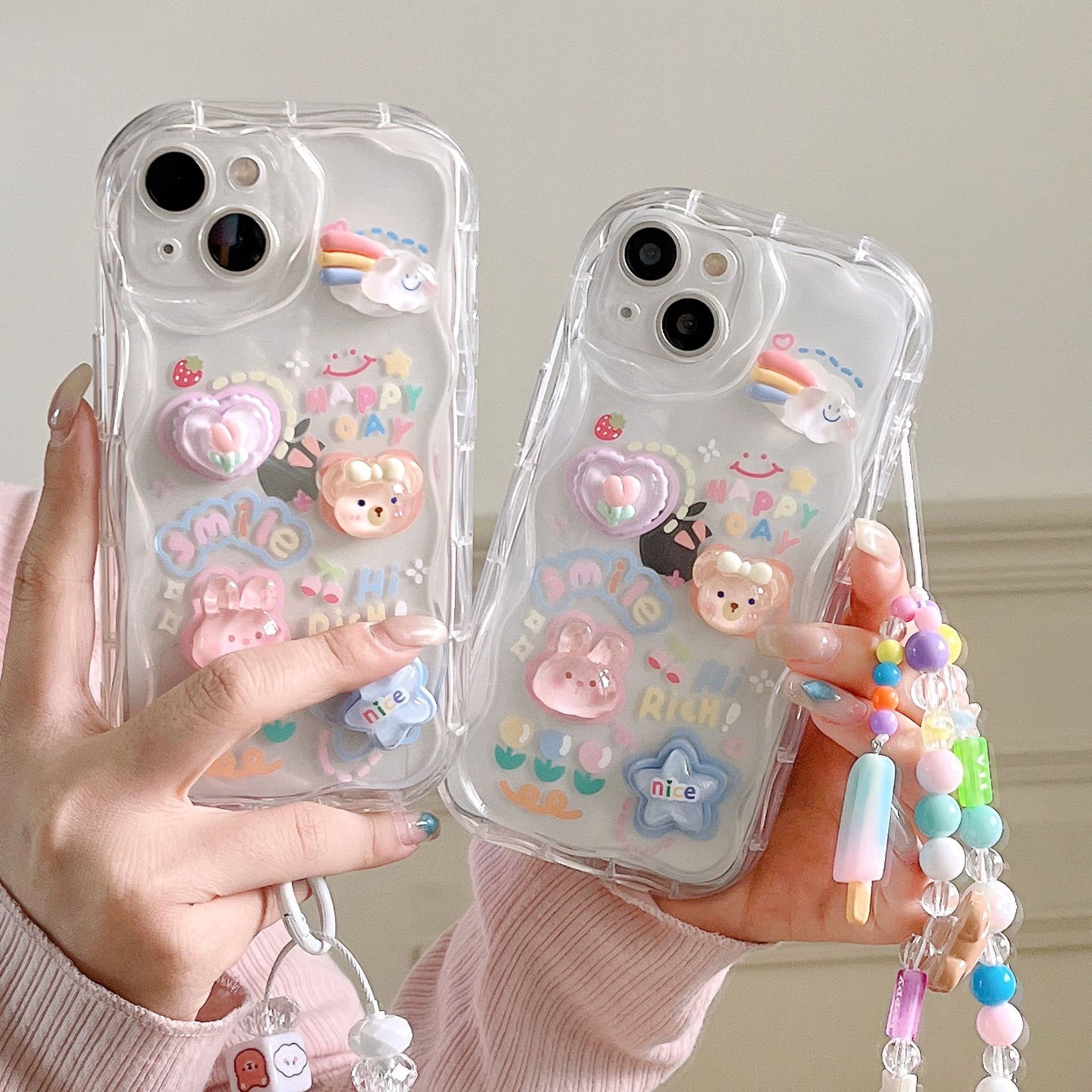 适用iPhone14立体波浪兔子软壳苹果16/15彩虹冰淇淋手链手机壳