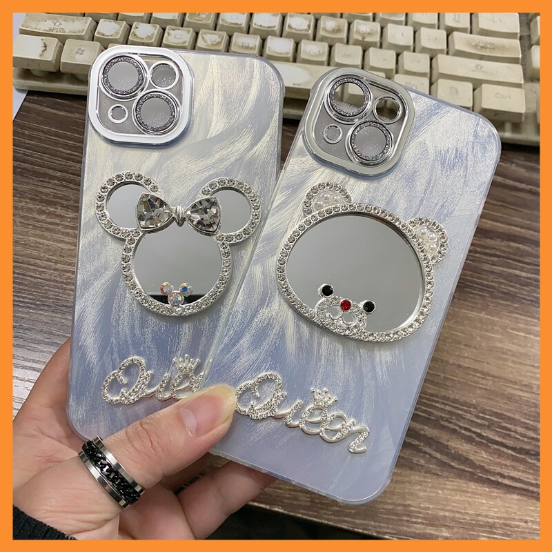羽纱米琦小熊镜子苹果16 pro max 手机壳批发 适用iPhone 11 14 15 12 XS XR 13 plus水钻工厂全包新款保护女