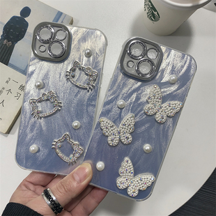 珍珠水钻蝴蝶小猫苹果17pro max手机壳批发 适用iPhone 16 11 14 13 12 XS XR 15 plus E新款女全包带钻男羽