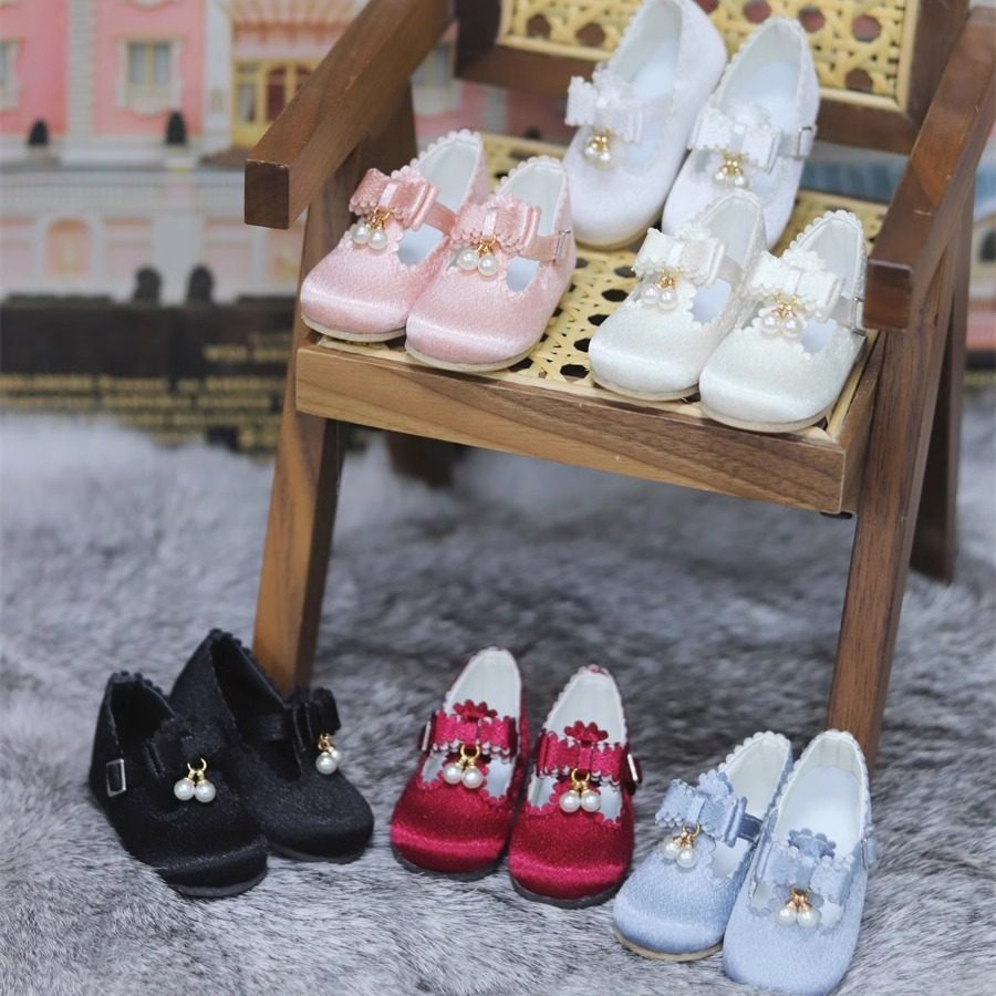 圆头丝面珍珠蝴蝶结小皮鞋