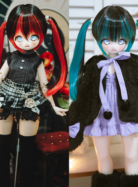 现货 三万院长猫王松鼠3分4分bjd娃娃假发挑染双马尾黑红黑蓝色