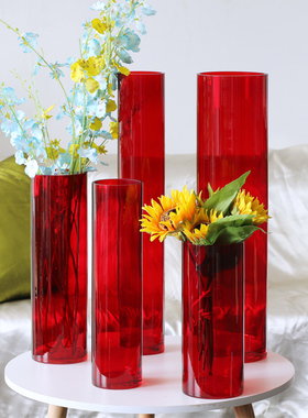 大红色直筒玻璃花瓶富贵竹水培婚庆大号落地结婚装饰花器405060cm