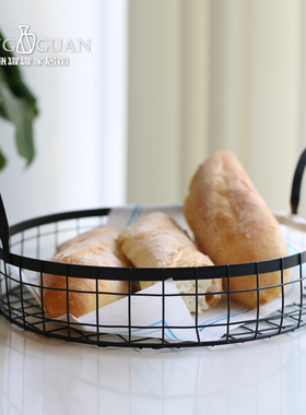 欧式复古黑色铁艺面包篮水果盘收纳筐厨房装饰家居摆件双耳托盘