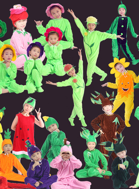 花草树木紫色葡萄西瓜竹笋豌豆苦瓜红色玫瑰花幼儿童亲子演出服装