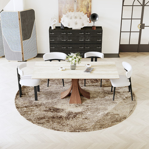 森友德利丰高端洞石岩板全实木中古风长方形餐桌子可定制胡桃色