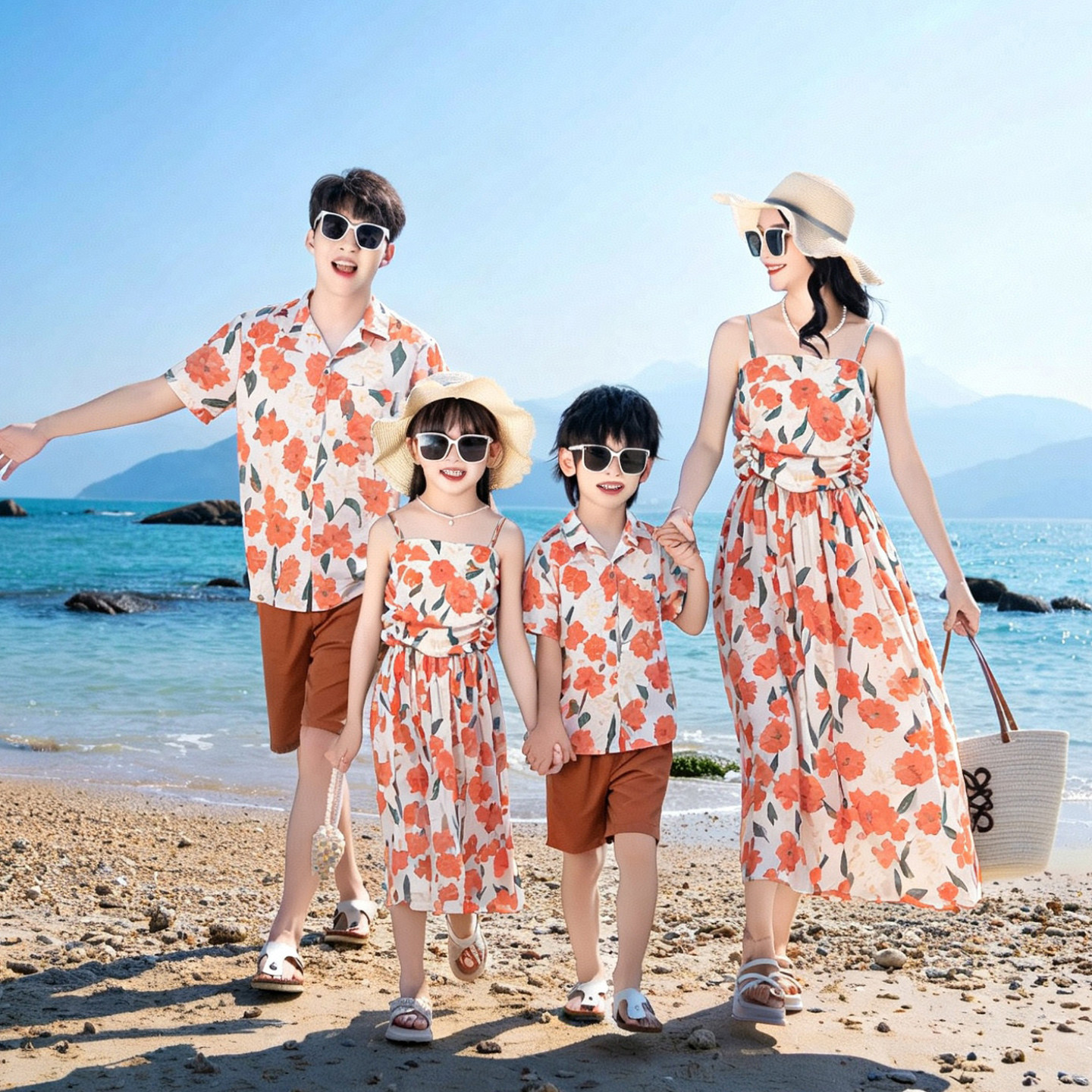 夏季海边度假亲子沙滩裙全家装