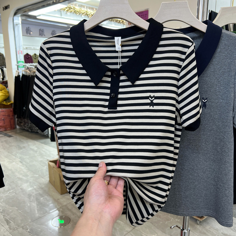 年轻妈妈装翻领条纹短袖T恤夏季新款显年轻中老年女装休闲polo衫