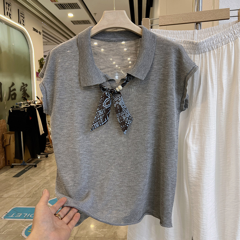 四季青妈妈装丝巾蝴蝶结翻领针织短袖T恤女夏季时尚减龄流行版型