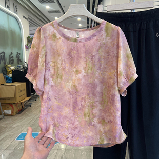 四季青妈妈装复古印花粉色雪纺衫女夏季新款圆领短袖宽松套头小衫