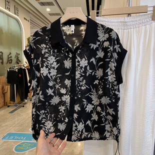 四季青妈妈装翻领印花短袖衬衫女夏季新款设计感洋气上档次衬衣服