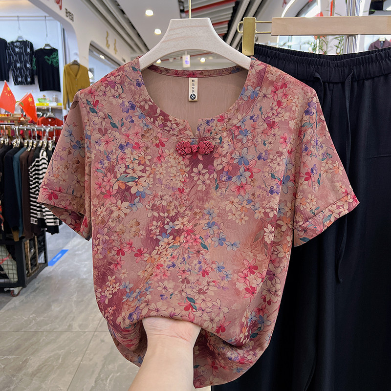 四季青妈妈装新中式复古印花短袖衬衫女夏圆领套头气质奶奶花小衫