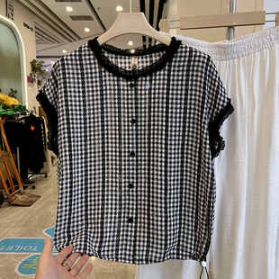 四季青妈妈装木耳边格子衬衫女夏新款今年流行减龄遮肚子宽松小衫