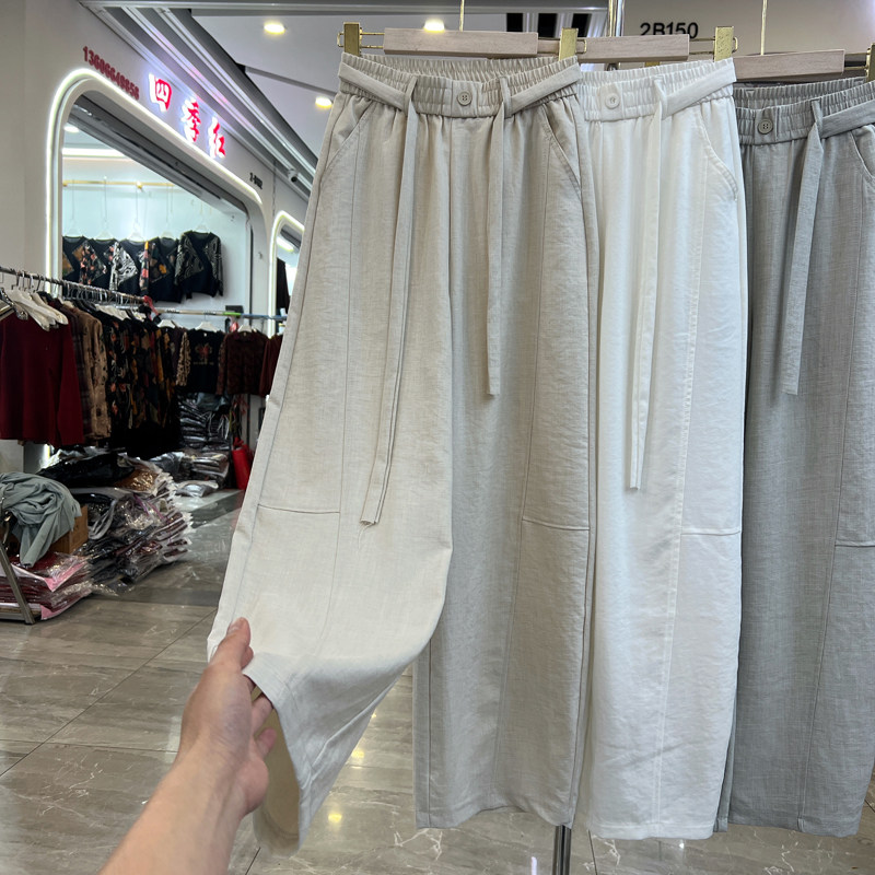 时尚妈妈装高腰棉麻直筒裤女春夏新款纯色百搭薄款洋气休闲长裤子