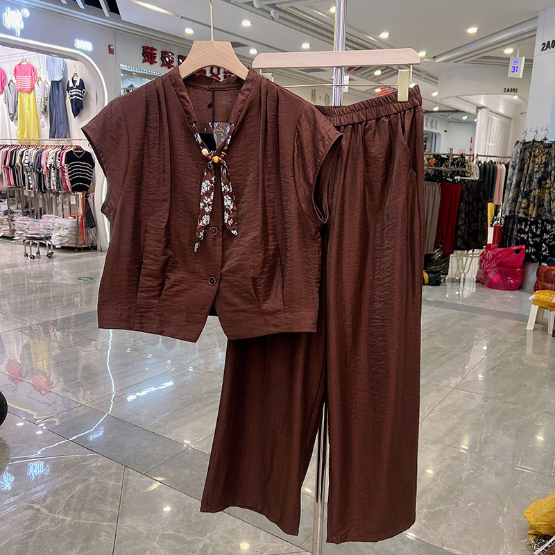 四季青妈妈装今年流行夏季套装女减龄穿搭一整套配丝巾两件套衣服