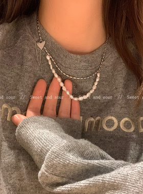 y2k假两件双层爱心流苏珍珠项链高级感轻奢小众设计简约锁骨链潮
