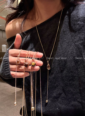 秋冬复古美拉德虎眼石吊坠项链小众设计高级毛衣链抽拉可调节颈链