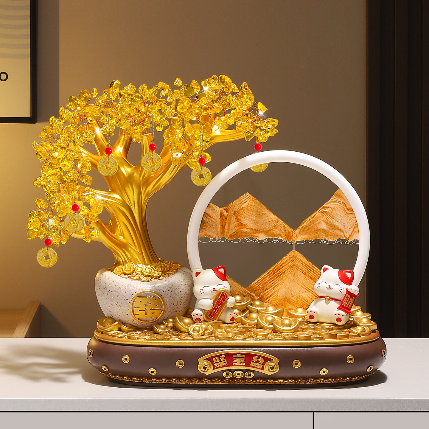 流沙画发财树招财猫摆件