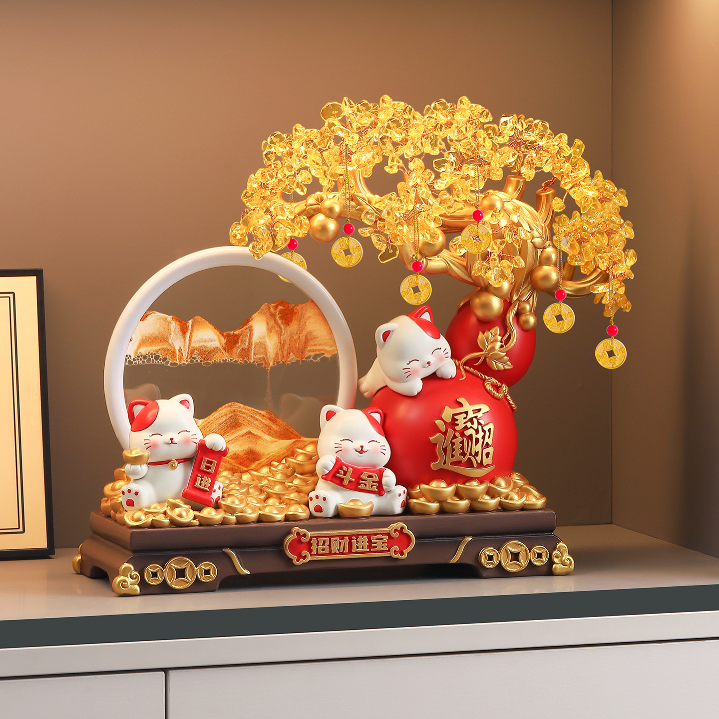 发财树流沙画招财猫摆件