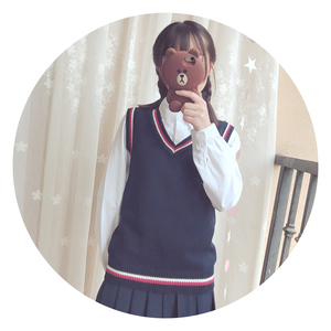 秋冬日系JK制服V领棉质套头毛衣 拼色男女同款学生英伦风背心马甲