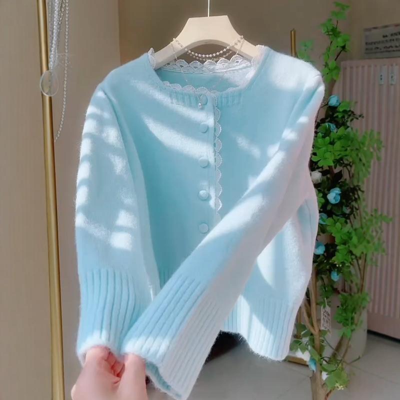 蕾丝花边拼接针织设计甜美开衫温柔秋冬新款宽松毛衣外套上衣爆款