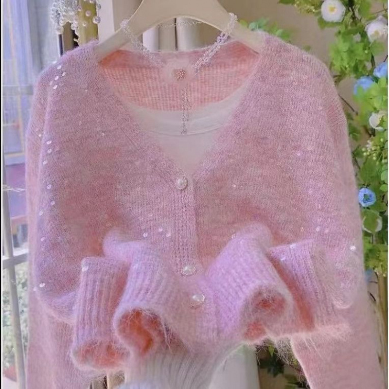 亮片针织开衫2025秋冬季新款小香风慵懒宽松短款毛衣甜美外套上衣