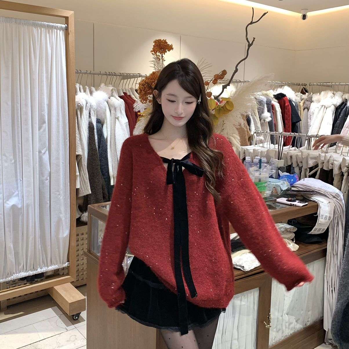 S OFFICIAL-带节日Buff～派对版丝绒蝴蝶结细闪亮片保暖毛衣80668