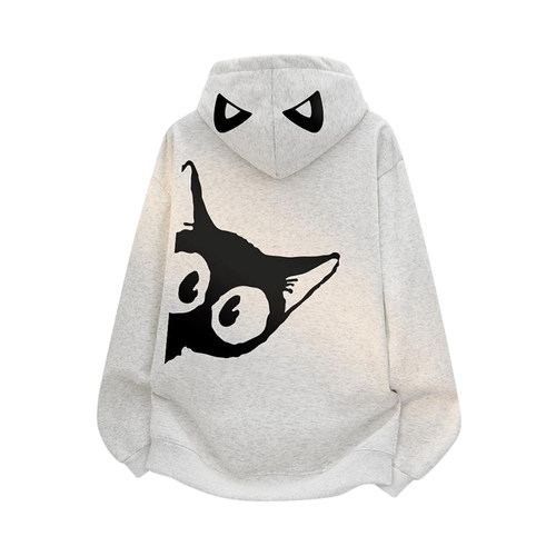 可爱小猫美式高街潮流猫咪探头字母印花连帽卫衣
