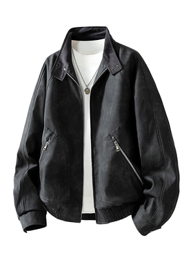SMILEISLAND 机车皮衣外套男2025新款秋季老钱风立领飞行员夹克潮