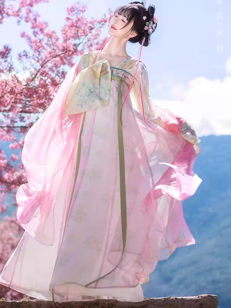 新款女装春不余淡粉浅黄配色超仙日常汉服连衣裙清新温柔古风襦裙