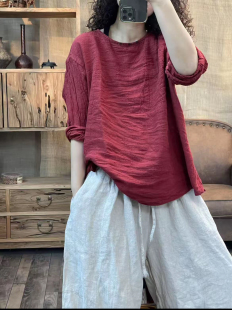 秋季亚麻炒色做旧明线圆领休闲女装上衣(长65胸围132)