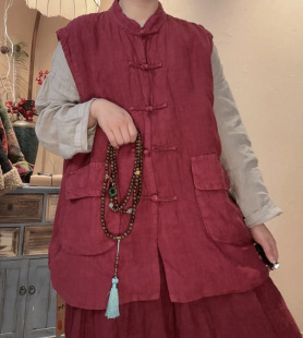 原创复古风雨露麻中式 胸围140 盘扣坎肩双层中长马甲长70