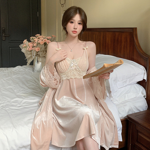 秋冬季金丝绒睡衣女2024年新款两件套睡裙带胸垫性感长袖保暖睡衣