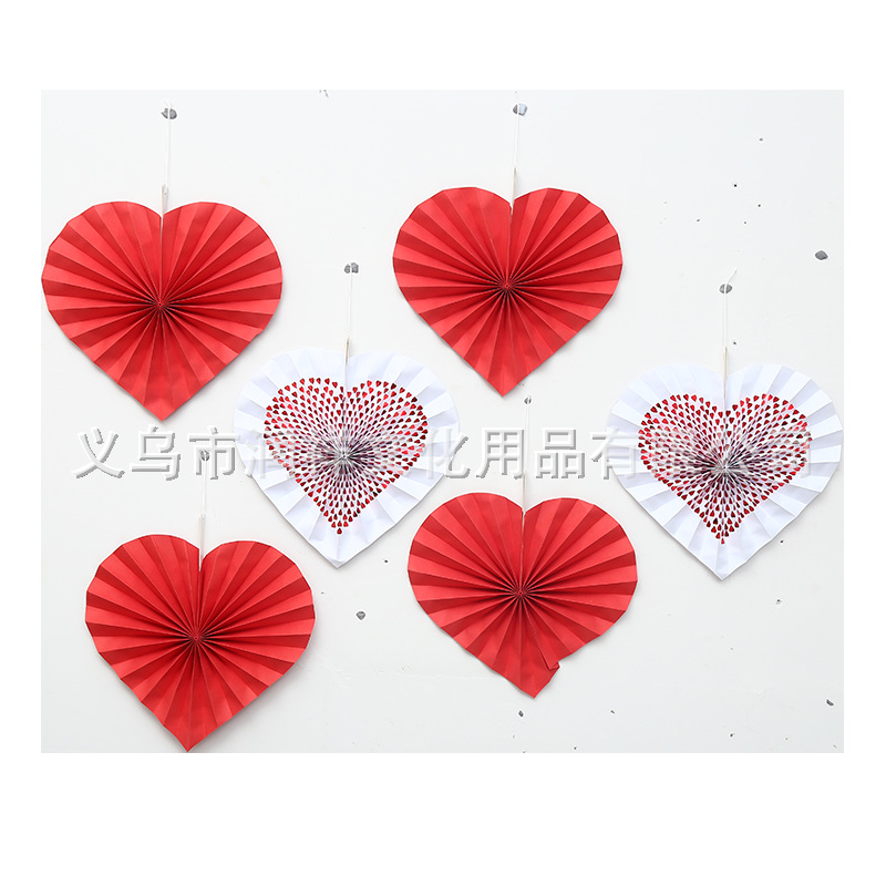 新品6个套装烫金纸扇花 心形圆形大红爱心折纸扇花情人节派对装饰