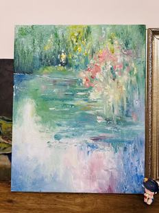 饰画奶油风 油画客厅装 莫奈花园纯手绘肌理画 河畔青芜堤上柳