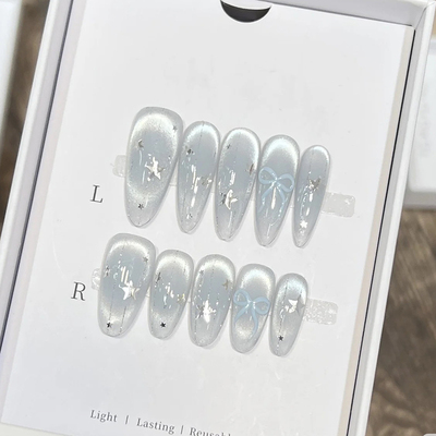 猫眼美甲穿戴甲中长款杏仁蓝色夏日冰透2025新款高级感指甲贴片