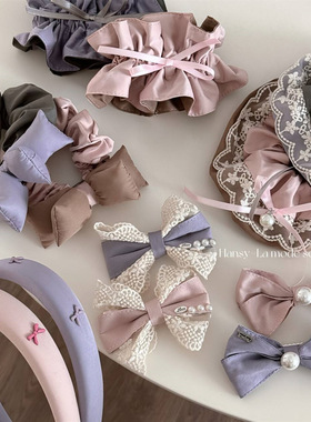 梦幻粉紫色蕾丝花边蝴蝶结系列发圈盘发大肠圈温柔甜美头绳发饰