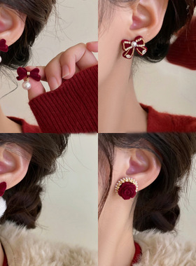春节不打烊银针安可拉红色丝绒蝴蝶结珍珠款耳环小众复古耳钉耳饰