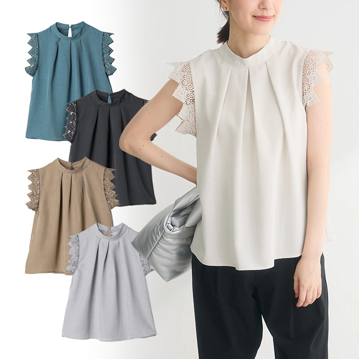 出口日本外贸夏季仿亚麻气质上班OL通勤蕾丝飞袖套头中领衬衫上衣