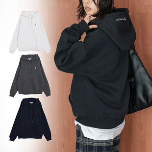 出口日本外贸秋冬女装经典舒适简约宽松刺绣磨毛内刷绒连帽衫卫衣