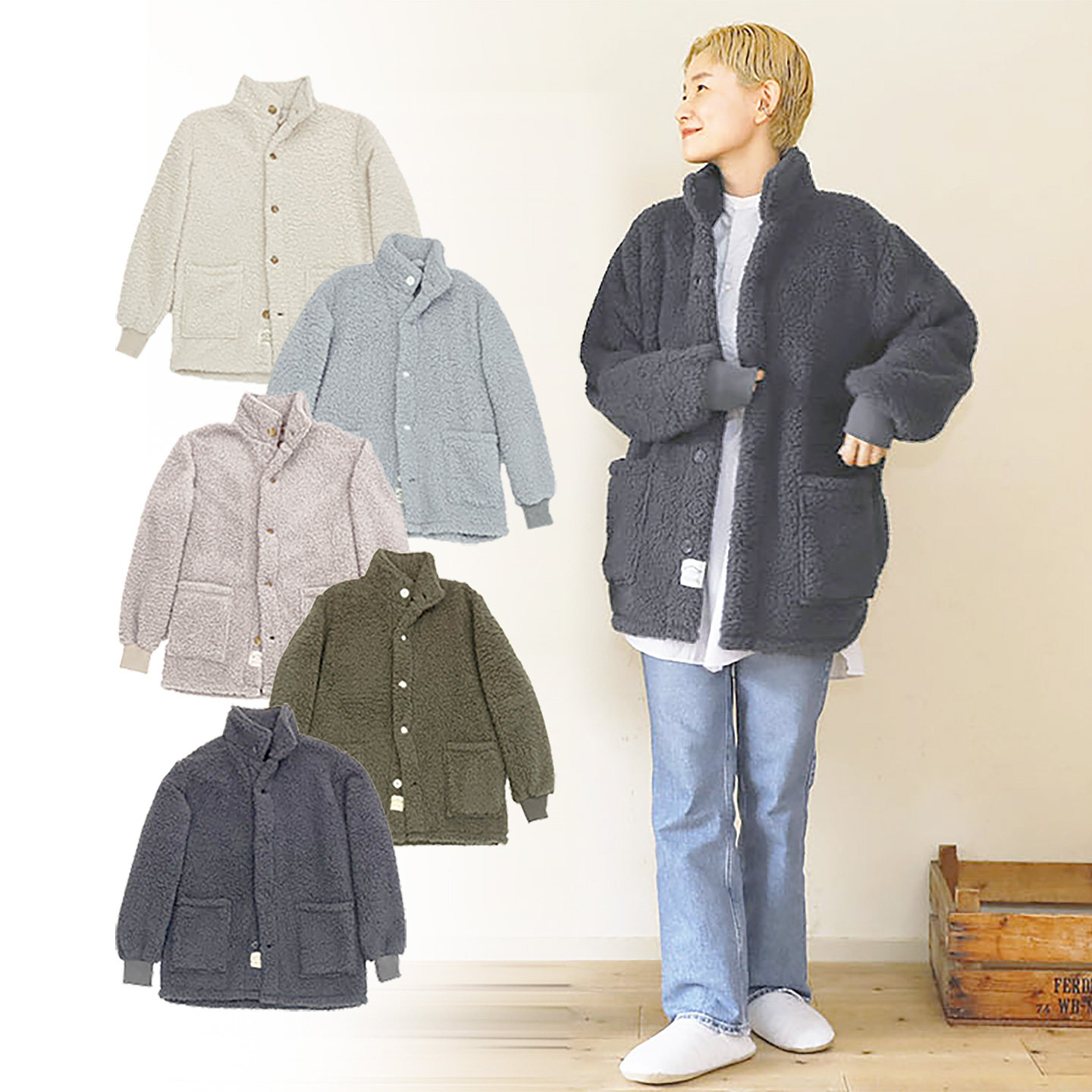 出口日本冬季男女羊羔绒立领外套