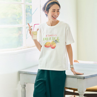 出口日本外贸夏季女纯棉透气接触冷感防汗渍水果图案短袖圆领T恤