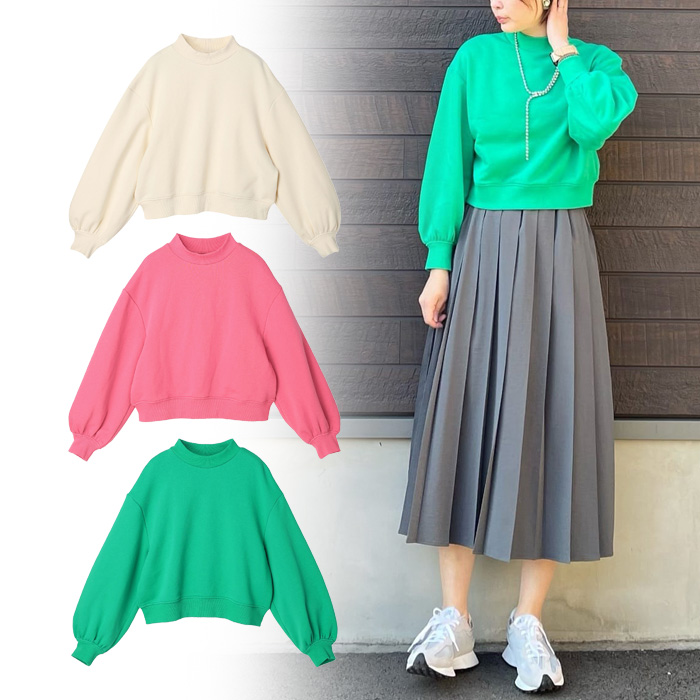 出口日本外贸春秋季糖果色百搭舒适利落短款灯笼袖套头中领卫衣