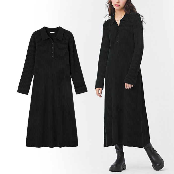 出口日本外贸春秋冬女装简约弹力百搭挽边长袖polo翻领针织连衣裙