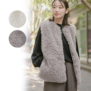 出口日本外贸女款秋冬百搭蓬松保暖宽松无袖无扣羊羔绒坎肩马甲