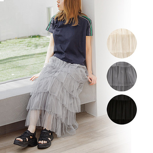 出口日本外贸女装夏季甜美可爱银丝薄纱百褶分层蛋糕裙半身裙长裙