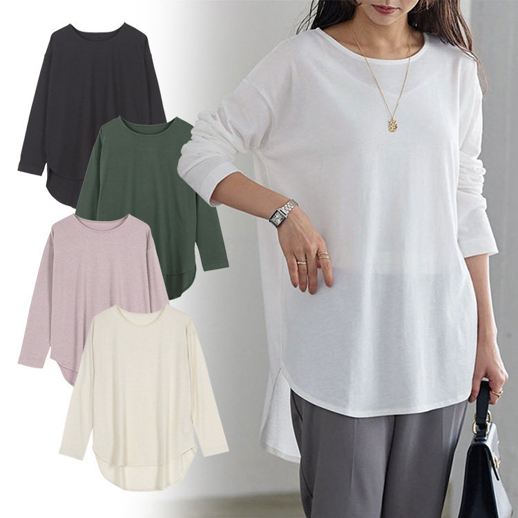 出口日本外贸春秋季女装涤棉宽松圆角中长款长袖圆领打底叠穿t恤