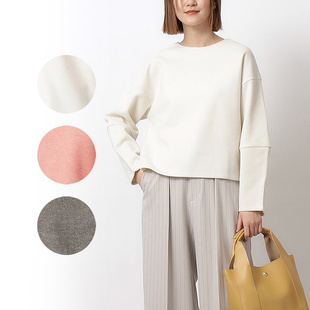 出口日本外贸秋冬女侧开衩短款立体剪裁长袖套头圆领保暖加厚T恤