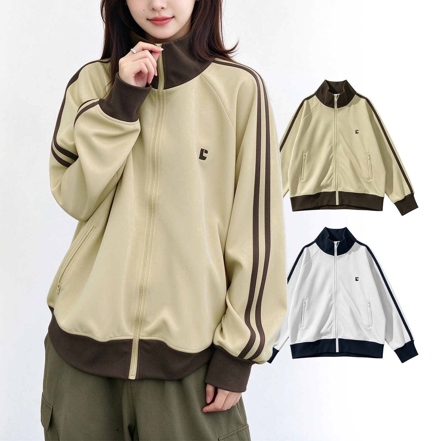出口日本外贸女秋复古拼色条纹立领宽松插肩袖拉链棒球服休闲外套