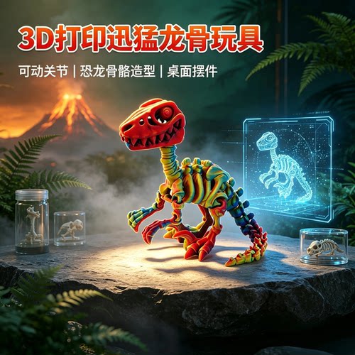 3D打印迅猛龙霸王龙环保儿童手办关节可动骷髅玩具模型大脚可立